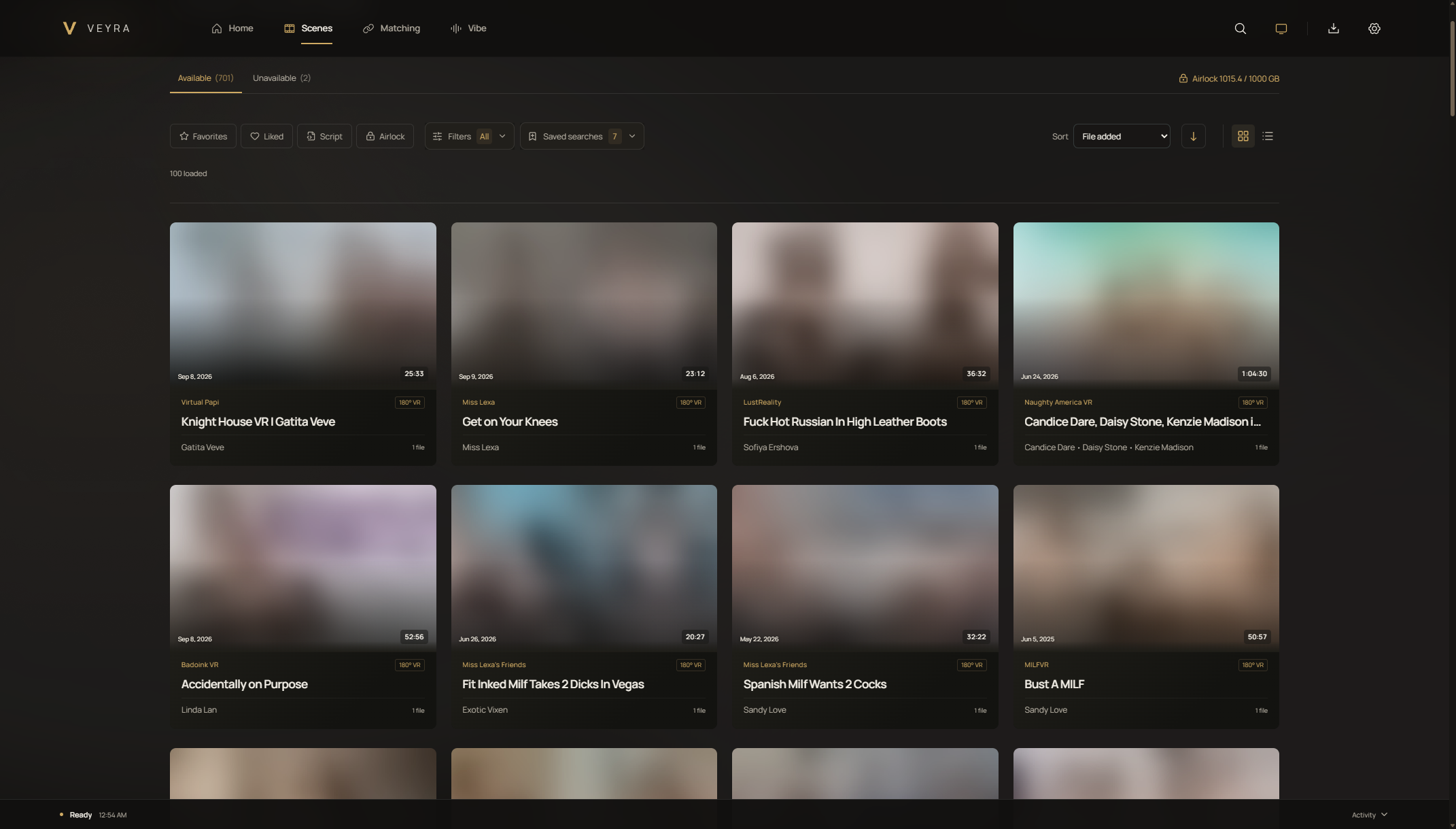 Veyra Scenes view with an organized, blurred VR library